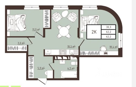 Продается 2-комн. квартира, 62,2 м²