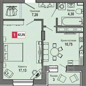 Продается 1-комн. квартира, 42,25 м²