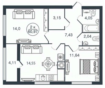 Продается 2-комн. квартира, 61 м²