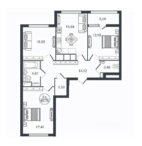 Продается 3-комн. квартира, 87 м²