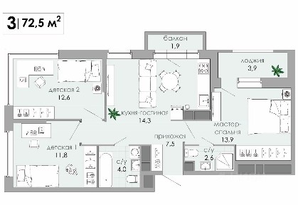 Продается 3-комн. квартира, 72,5 м²