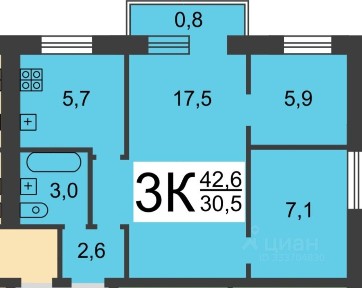 Продается 3-комн. квартира, 42,4 м²