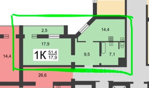 Продается 1-комн. квартира, 51,4 м²