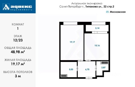 Продается 1-комн. квартира, 48,8 м²