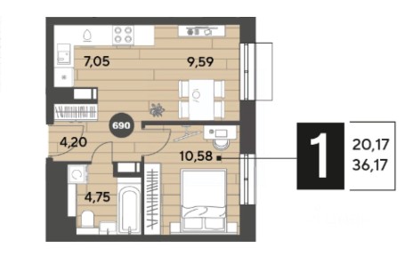 Продается 1-комн. квартира, 36,17 м²
