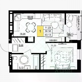Продается 1-комн. квартира, 43,7 м²