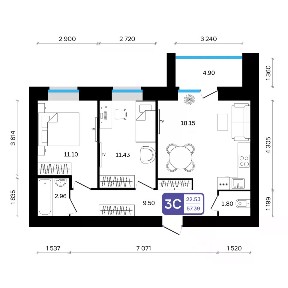 Продается 3-комн. квартира, 57,39 м²