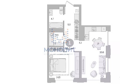 Продается 1-комн. квартира, 55,04 м²