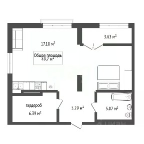 Продается студия, 49,7 м²