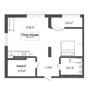 Продается студия, 49,7 м²