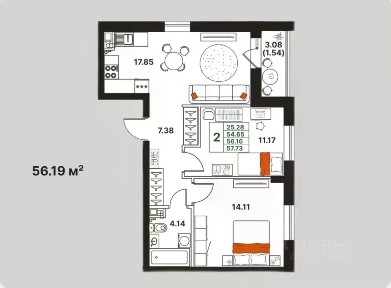 Продается 2-комн. квартира, 56,19 м²