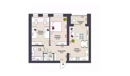 Продается 2-комн. квартира, 67,38 м²