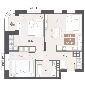 Продается 2-комн. квартира, 66,76 м²