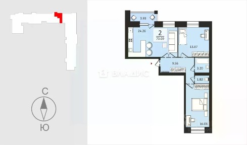 Продается 2-комн. квартира, 73,09 м²