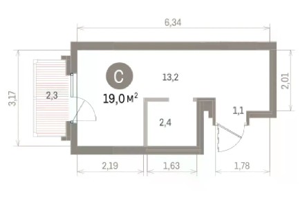 Продается студия, 19 м²