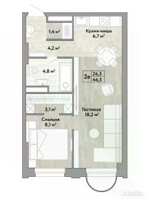 Продается 1-комн. квартира, 46,5 м²