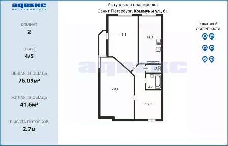 Продается 2-комн. квартира, 75,09 м²
