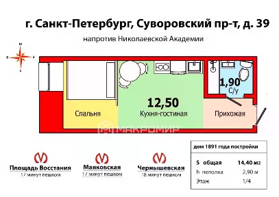 Продается апартаменты-студия, 14,4 м²