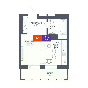 Продается студия, 25,4 м²
