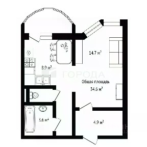 Продается 1-комн. квартира, 34,6 м²