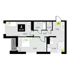 Продается 2-комн. квартира, 64,56 м²
