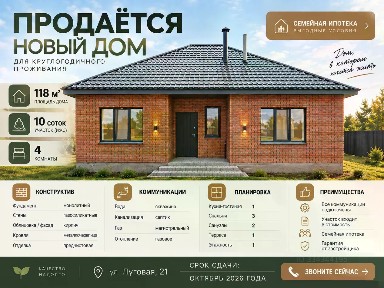 Продается 1-этажный дом, 118 м²