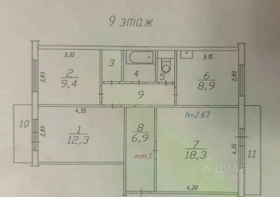 Продается 50% квартиры, 67/40/8,9 м²