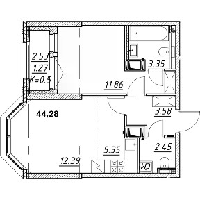 Продается 1-комн. квартира, 44,28 м²