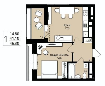 Продается 1-комн. квартира, 42,6 м²