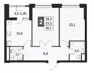 Продается 2-комн. квартира, 56,1 м²