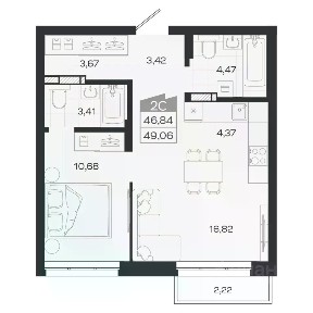 Продается 2-комн. квартира, 46,84 м²