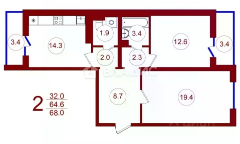 Продается 2-комн. квартира, 64,7 м²