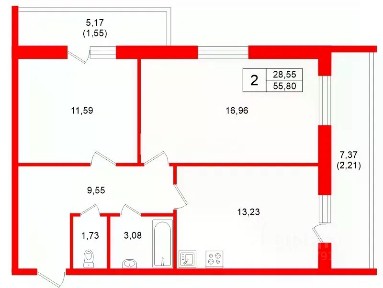 Продается 2-комн. квартира, 55,8 м²