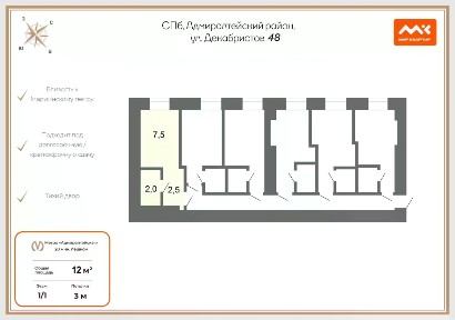 Продается 21% квартиры, 12/7 м²