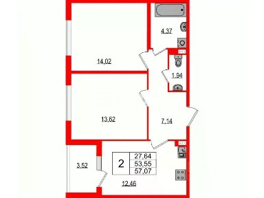 Сдается 2-комн. квартира, 53,55 м²