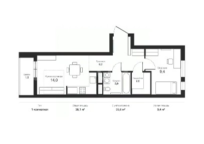 Продается 1-комн. квартира, 39,1 м²