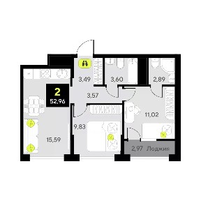 Продается 2-комн. квартира, 52,96 м²