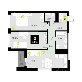 Продается 2-комн. квартира, 64,16 м²
