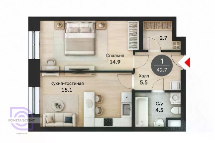Продаются 1-комн. апартаменты, 43 м²