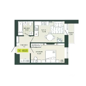 Продается 1-комн. квартира, 43,23 м²