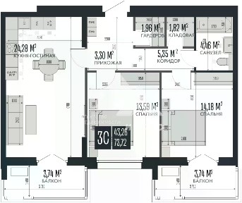 Продается 3-комн. квартира, 73,72 м²
