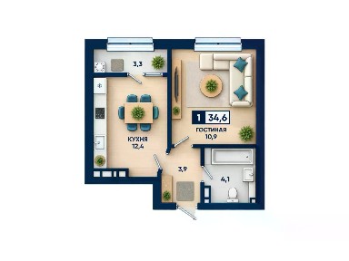 Продается 1-комн. квартира, 34,6 м²