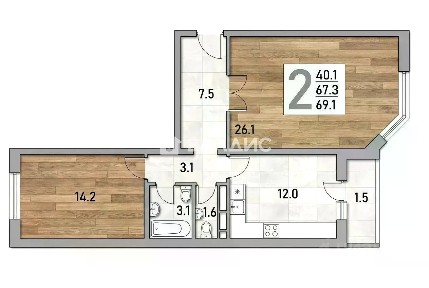 Продается 2-комн. квартира, 67,3 м²