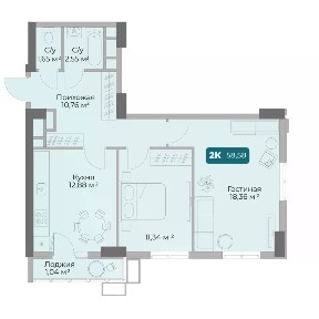 Продается 2-комн. квартира, 58,55 м²