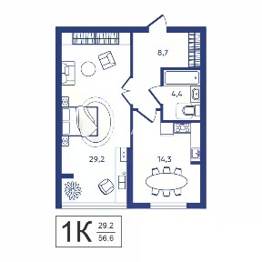 Продается 1-комн. квартира, 55,6 м²