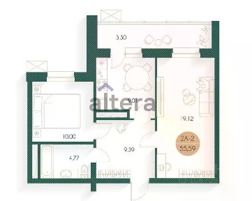 Продается 2-комн. квартира, 55,59 м²