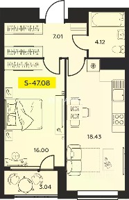 Продается 1-комн. квартира, 47,08 м²