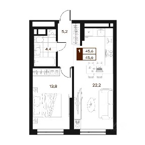 Продается 1-комн. квартира, 45,6 м²