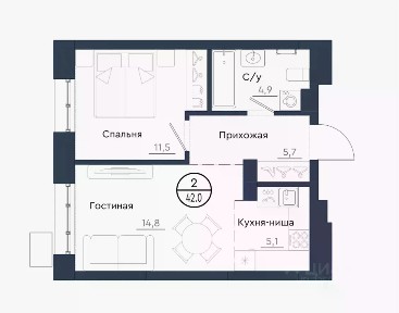 Продается 2-комн. квартира, 42 м²