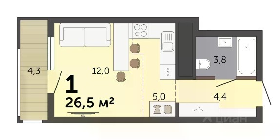 Продается студия, 26,5 м²